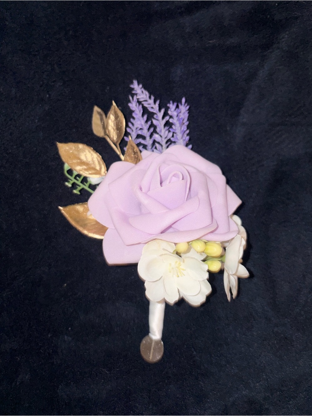 Lavender Rose Floral Boutonniere with Gold Leaves